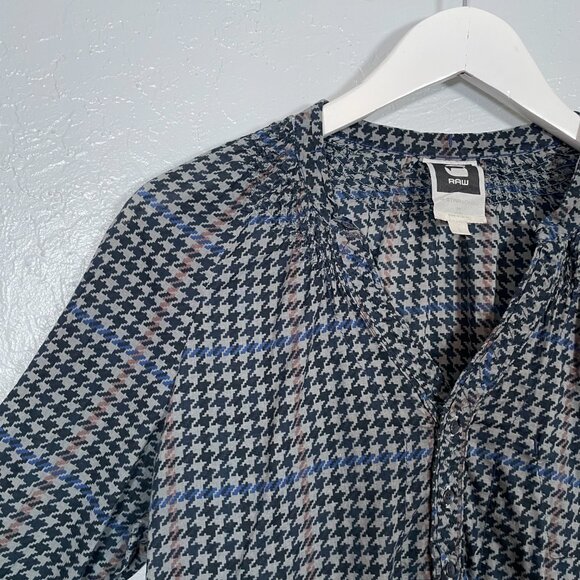 G-Star Raw Women L Black Gray Houndstooth Tunic Blouse 1/2 Button Front - Picture 4 of 9